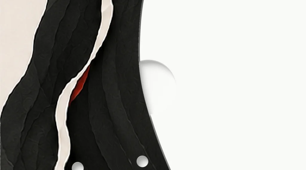 A close-up of the FAULT pickguard: dark layers split by a pale fissure.