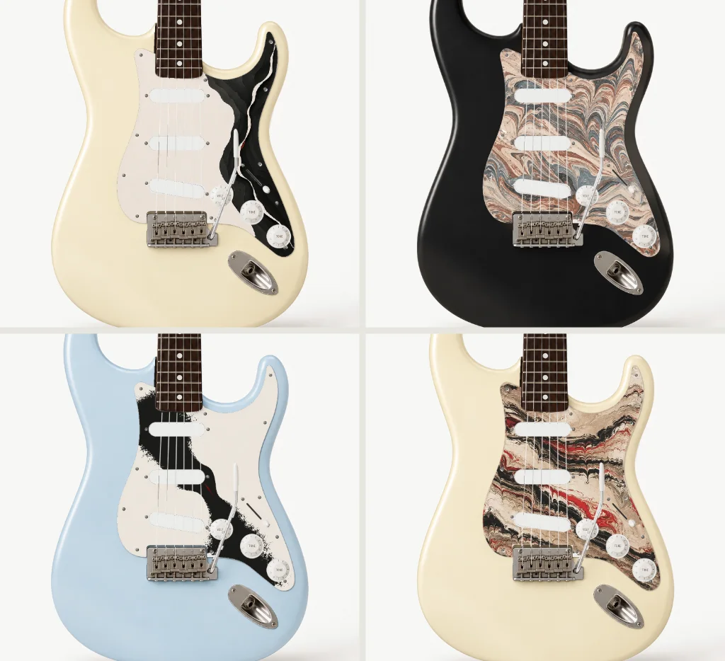 Four guitars in a grid, each wearing a different Hoodoo pickguard.