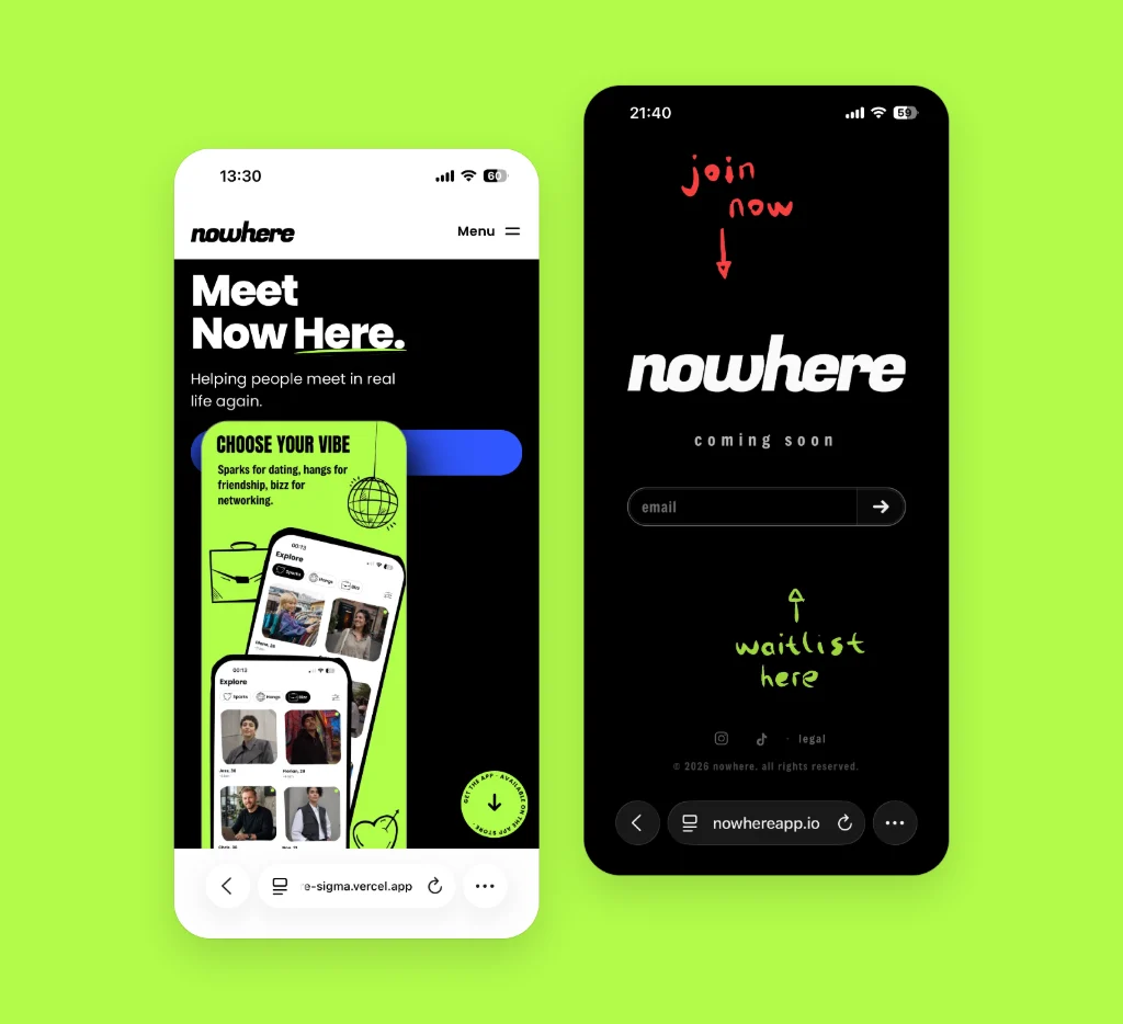 Two phones: the Nowhere website, “Meet Now Here.”, and the waitlist page beside it.