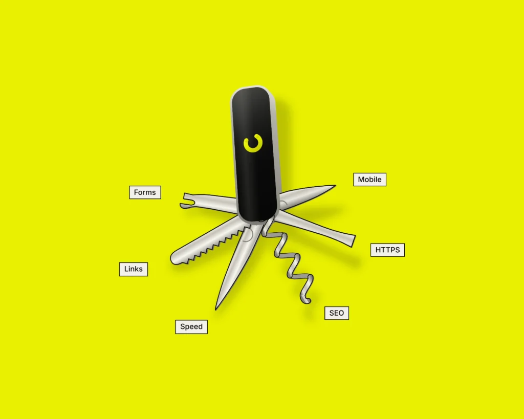 Sitemendo’s Swiss army knife on its own yellow, each tool labelled with a check: forms, links, speed, mobile, HTTPS and SEO.