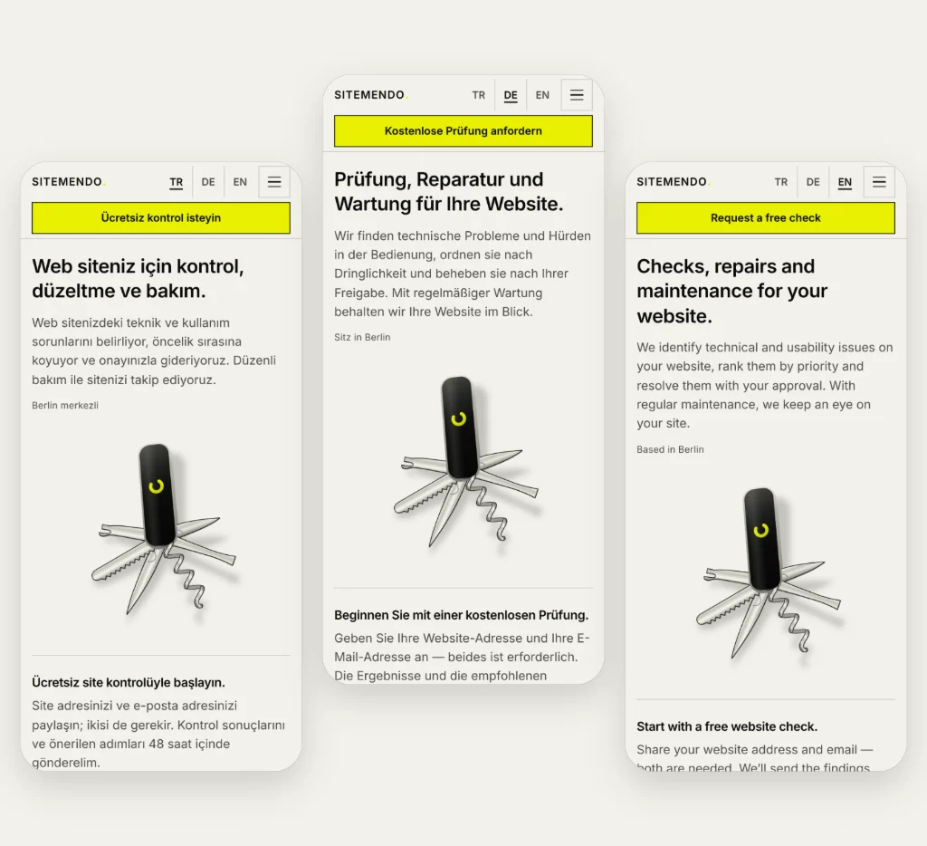 The Sitemendo homepage on three phones, in Turkish, German and English.