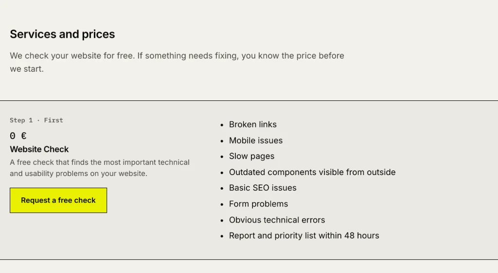 Sitemendo’s first step, the free website check, and what it looks at.