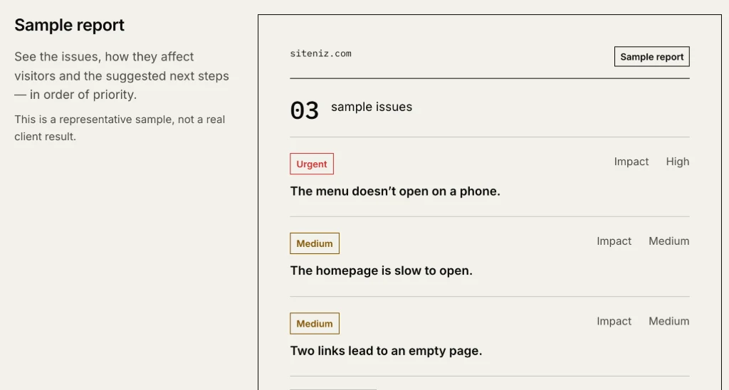 Sitemendo’s sample report: three issues, each tagged by how urgent it is.